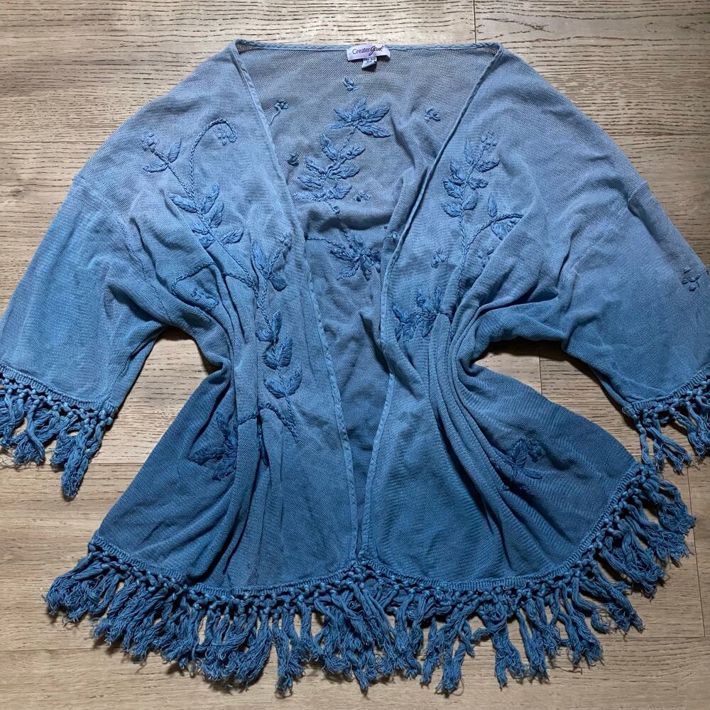 Y2K Bohemian Whimsy Chic Embroidered MicroMesh Open Front Fringe Airy Cardigan